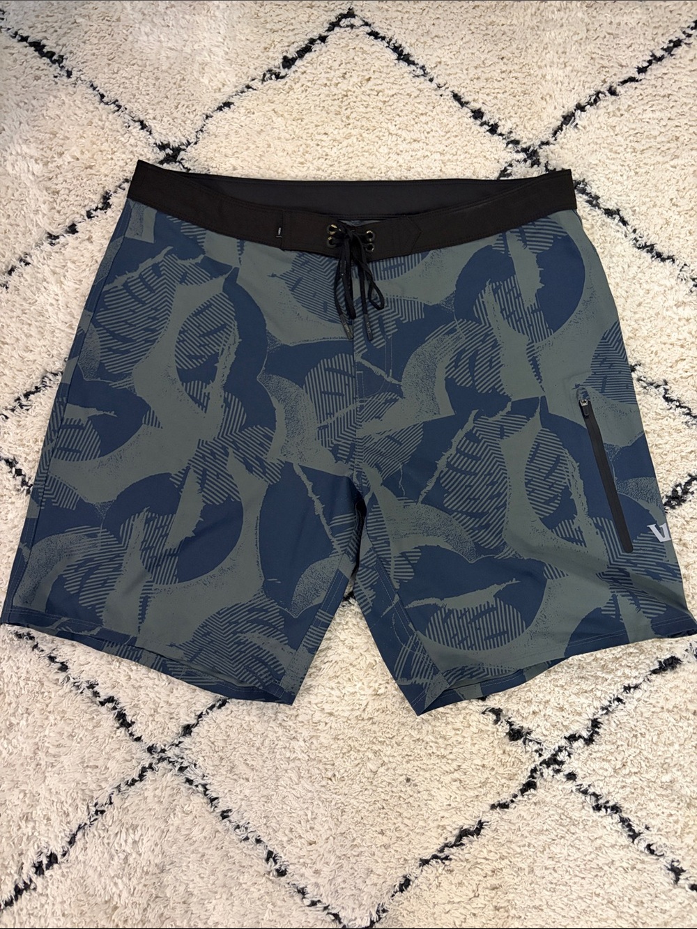 Vuori Navy and Olive Green Abstract Swim Board Shorts